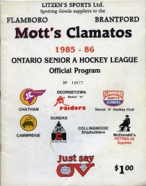 Flamboro Mott's Clamato's 1985-86 game program